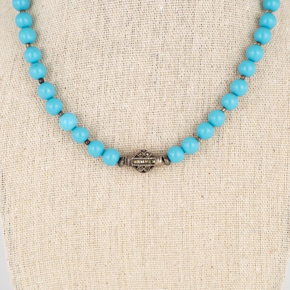 Necklace with Silver & Marcasite Turquoise Colored Beaded Round Tested Southwest - Picture 5 of 5